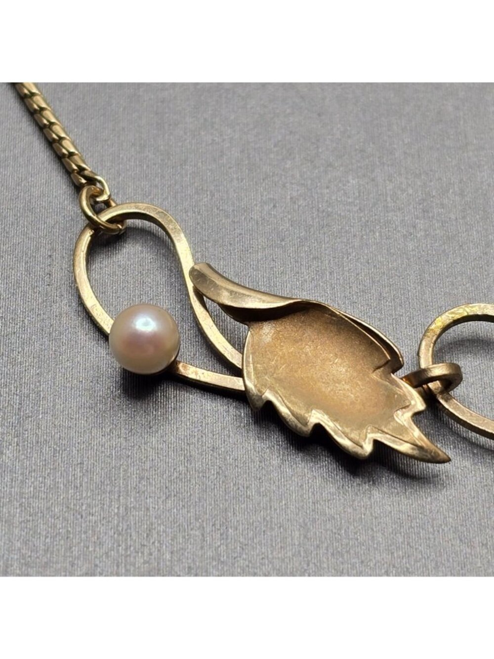 Vintage De Curtis DCE 14K Gold Filled Pearl Leaf Choker Necklace 14" Mid Century - Picture 6 of 16